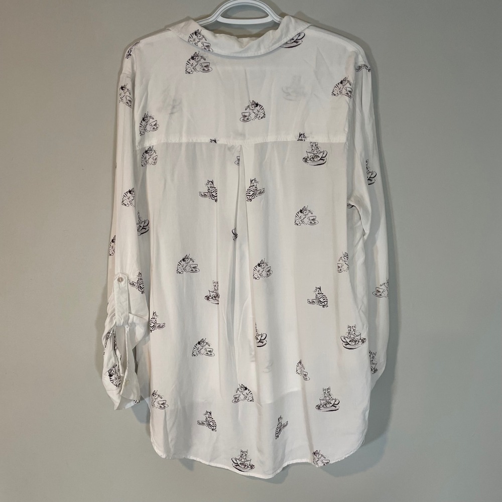 Jane Delancey White Cat Teacup Blouse XL High Low Roll Cuff 3/4 Sleeve Button - Picture 9 of 9